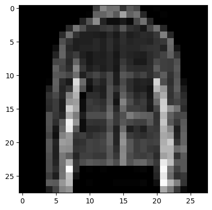 28x28 Fashion-MNIST image — predicted Coat, actual Coat